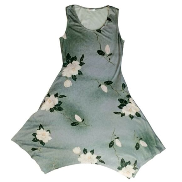 HOTOUCH Midi Dress Sundres Green Floral Pockets Sleeveless Hankerchief Hem Small - Picture 3 of 13